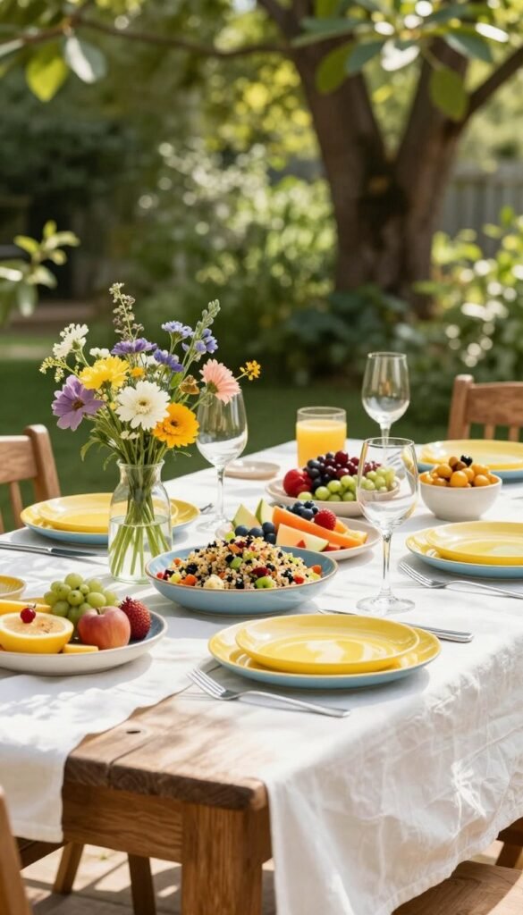A beautifully arranged summer table setting, capturing the essence of indoor and outdoor dining. In the foreground, a rustic wooden table adorned with a crisp white tablecloth, vibrant yellow and blue tableware, and fresh seasonal flowers in a glass vase. The middle layer features delicious summer dishes, like a colorful quinoa salad and fresh fruits elegantly displayed on ceramic plates. In the background, soft dappled sunlight filters through lush green trees, casting gentle shadows. Subtle bokeh adds depth, emphasizing the relaxed, inviting atmosphere. The scene embodies a cheerful, lively summer gathering, perfect for friends and family. Bright colors and natural elements blend harmoniously, showcasing the stylish decor aesthetics of CozyTrendHub. A beautifully arranged summer table setting, capturing the essence of indoor and outdoor dining. In the foreground, a rustic wooden table adorned with a crisp white tablecloth, vibrant yellow and blue tableware, and fresh seasonal flowers in a glass vase. The middle layer features delicious summer dishes, like a colorful quinoa salad and fresh fruits elegantly displayed on ceramic plates. In the background, soft dappled sunlight filters through lush green trees, casting gentle shadows. Subtle bokeh adds depth, emphasizing the relaxed, inviting atmosphere. The scene embodies a cheerful, lively summer gathering, perfect for friends and family. Bright colors and natural elements blend harmoniously, showcasing the stylish decor aesthetics of CozyTrendHub.