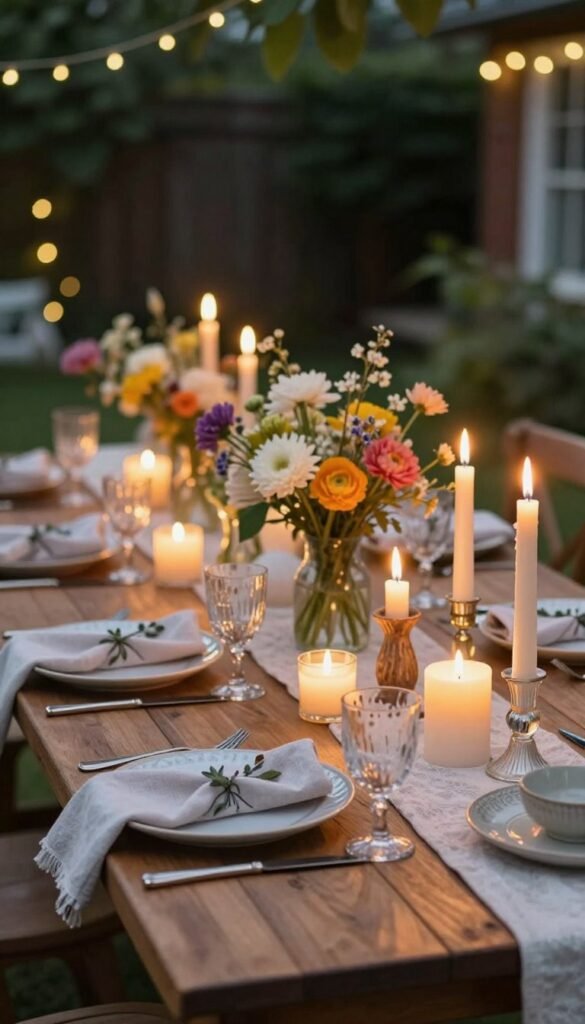 A beautifully arranged summer table setting, featuring an array of elegantly lit candles of different heights and styles, casting a warm, inviting glow. In the foreground, a rustic wooden table adorned with delicate linen napkins and decorative tableware complements the candles. The middle ground showcases a vibrant centerpiece of fresh flowers, enhancing the ambiance. In the background, hints of lush green foliage and twinkling fairy lights create a whimsical, outdoor feel. The lighting is soft and atmospheric, reminiscent of a warm summer evening, captured from a slightly elevated angle to showcase depth. The overall mood is relaxed and cozy, perfect for indoor-outdoor dining, embodying the essence of "CozyTrendHub" decor inspiration.