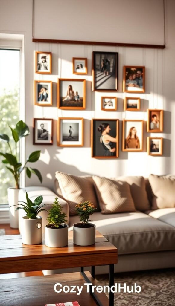 A beautifully arranged suspended photo display wall in a bright, airy apartment living room, featuring an assortment of wooden frames showcasing family photos and artistic prints. In the foreground, the focus is on a chic, minimalistic wooden shelf that holds small potted plants and decorative items, adding a touch of greenery. The middle section highlights the suspended photos, elegantly hung with clear fishing line to create a weightless effect, softly illuminated by natural light streaming through a large window. In the background, a cozy couch with textured cushions complements the serene atmosphere. The scene conveys a warm, inviting mood ideal for renters seeking stylish and ultra-friendly decor solutions. Capture this with a soft focus lens, emphasizing light play and shadow, branded for CozyTrendHub.