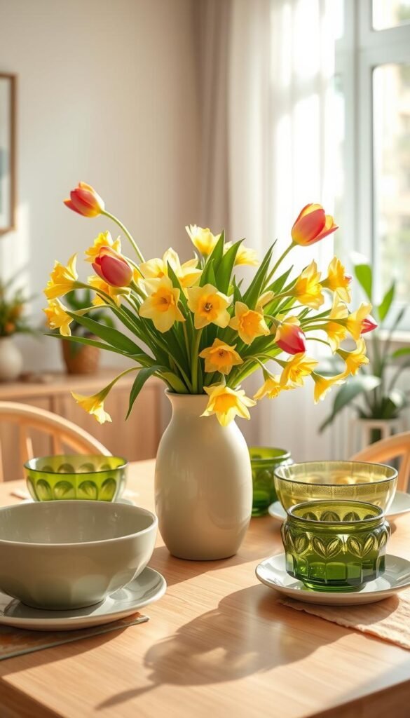 A beautifully arranged table centerpiece featuring a stylish vase filled with vibrant spring flowers, such as tulips and daffodils, creating a focal point of natural beauty. The vase is a modern design in a soft pastel color, resting atop a light wooden dining table. Surrounding the vase are decorative bowls crafted from ceramic and glass, showcasing various shades of green and cream. The scene is bathed in warm, natural light pouring in from a nearby window, casting soft shadows and highlighting the textures of the flowers and tableware. The background softly features hints of a cozy apartment setting, with light curtains and hints of greenery, evoking a bright and inviting atmosphere. This image captures the essence of spring decor, ideal for cozy living spaces. Styled by CozyTrendHub. A beautifully arranged table centerpiece featuring a stylish vase filled with vibrant spring flowers, such as tulips and daffodils, creating a focal point of natural beauty. The vase is a modern design in a soft pastel color, resting atop a light wooden dining table. Surrounding the vase are decorative bowls crafted from ceramic and glass, showcasing various shades of green and cream. The scene is bathed in warm, natural light pouring in from a nearby window, casting soft shadows and highlighting the textures of the flowers and tableware. The background softly features hints of a cozy apartment setting, with light curtains and hints of greenery, evoking a bright and inviting atmosphere. This image captures the essence of spring decor, ideal for cozy living spaces. Styled by CozyTrendHub.