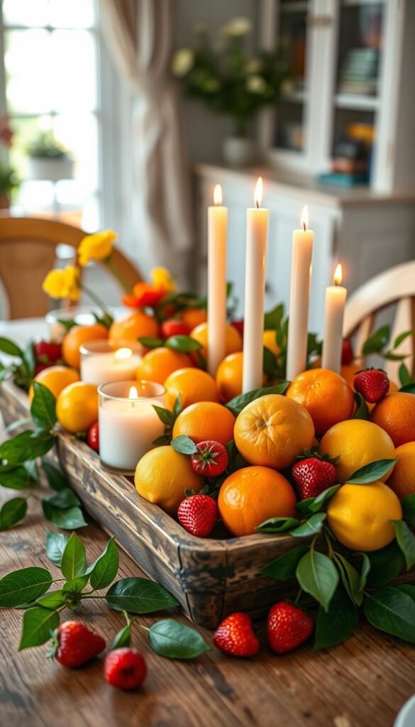 A beautifully arranged table centerpiece showcasing an inviting spring theme, featuring a variety of vibrant, fresh fruits such as oranges, lemons, and strawberries in a rustic wooden tray. Candles of varying heights, some lit, casting a warm, cozy glow, are interspersed among the fruits, creating a lovely contrast. Lush green leaves are scattered around to add a touch of freshness. The background features a softly blurred dining area with natural light streaming in through a nearby window, enhancing the cheerful atmosphere. The angle is slightly above the table, capturing the harmonious layout while emphasizing the textures of the fruits and the flickering candlelight. This image embodies a warm, inviting spring vibe, perfect for readers seeking stylish yet simple centerpiece ideas. CozyTrendHub. A beautifully arranged table centerpiece showcasing an inviting spring theme, featuring a variety of vibrant, fresh fruits such as oranges, lemons, and strawberries in a rustic wooden tray. Candles of varying heights, some lit, casting a warm, cozy glow, are interspersed among the fruits, creating a lovely contrast. Lush green leaves are scattered around to add a touch of freshness. The background features a softly blurred dining area with natural light streaming in through a nearby window, enhancing the cheerful atmosphere. The angle is slightly above the table, capturing the harmonious layout while emphasizing the textures of the fruits and the flickering candlelight. This image embodies a warm, inviting spring vibe, perfect for readers seeking stylish yet simple centerpiece ideas. CozyTrendHub.