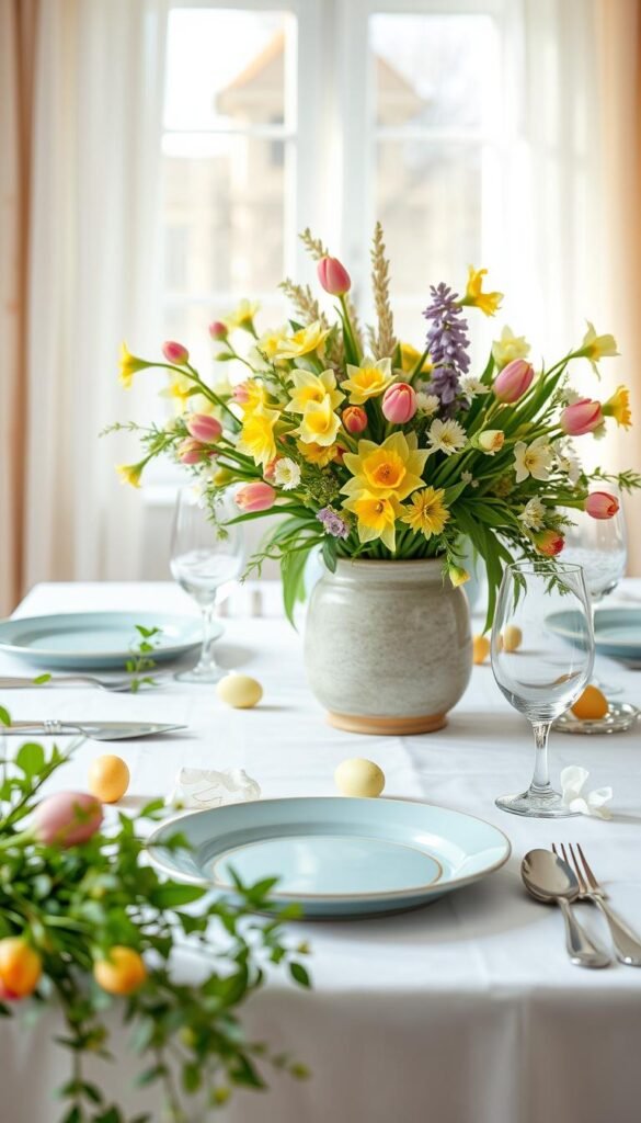 A beautifully arranged table centerpiece that embodies the essence of spring, featuring a mix of fresh flowers like tulips and daffodils in a rustic ceramic vase. In the foreground, delicate greenery and pastel-colored eggs are tastefully scattered, enhancing the seasonal vibe. The middle ground captures a simple white tablecloth with elegant dinnerware&mdash;light blue plates, shining silver cutlery, and clear glassware, all reflecting natural light. In the background, a sunny window with soft sheer curtains introduces a warm, inviting atmosphere. The image is shot from a slightly elevated angle to showcase the tableau and convey a cozy, inviting mood reminiscent of Pinterest-worthy spring gatherings. This decor style epitomizes "CozyTrendHub" aesthetics, perfect for making everyday meals feel special.
