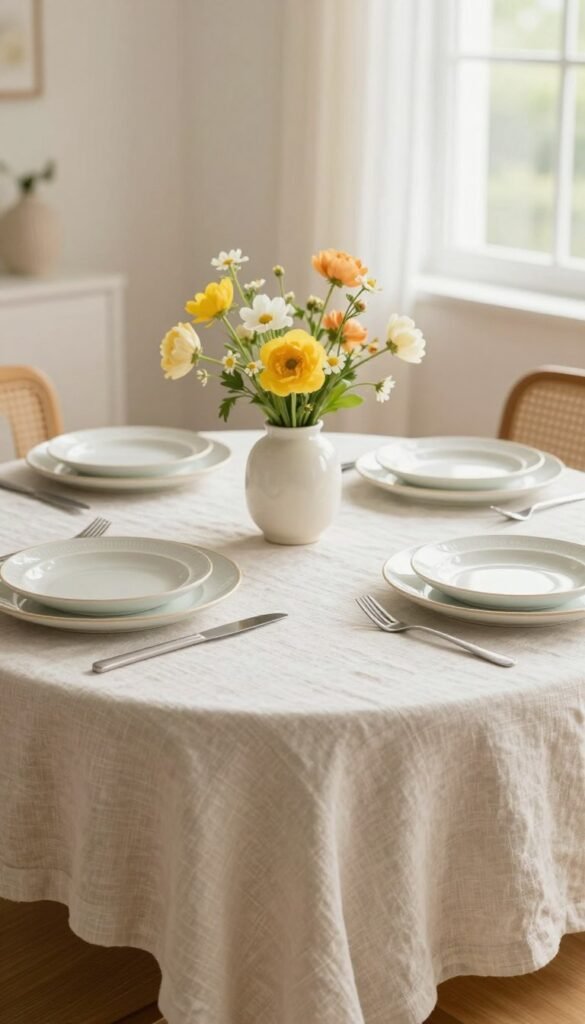 A beautifully arranged table setting featuring a soft, textured linen tablecloth in a pale pastel color, perfect for spring. The foreground showcases a cozy, stylishly set table with delicate porcelain dishes, vibrant spring flowers in a small vase, and charming, understated cutlery. In the middle, a chic table runner runs across the table, complementing the tablecloth. The background captures a sunlit room with soft, natural light streaming through a window, enhancing the serene and inviting atmosphere. The overall mood is warm and welcoming, ideal for intimate gatherings in tight spaces. This image reflects the essence of spring table decor that CozyTrendHub promotes. The angle highlights the layers of detail, creating a Pinterest-worthy lifestyle photo.