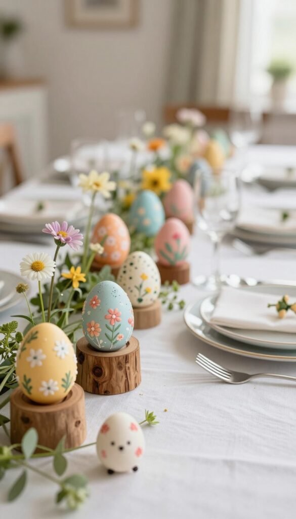 A beautifully arranged table setting featuring vibrant edible decor eggs in pastel colors, artistically placed among delicate wildflowers and soft greenery. The foreground showcases intricately decorated eggs with floral patterns, speckled designs, and whimsical motifs, some resting on rustic wooden stands. In the middle, a clean white tablecloth adds elegance, complemented by tasteful tableware and small, charming place settings. The background reveals a softly lit interior, filled with spring-themed decor. Capture the warm, inviting atmosphere with soft, diffused lighting that highlights the textures. Use a focal lens to achieve depth, bringing the eggs into sharp detail while creating a gentle bokeh effect on the surroundings. Ideal for a Pinterest-style lifestyle photo promoting decor ideas by CozyTrendHub. A beautifully arranged table setting featuring vibrant edible decor eggs in pastel colors, artistically placed among delicate wildflowers and soft greenery. The foreground showcases intricately decorated eggs with floral patterns, speckled designs, and whimsical motifs, some resting on rustic wooden stands. In the middle, a clean white tablecloth adds elegance, complemented by tasteful tableware and small, charming place settings. The background reveals a softly lit interior, filled with spring-themed decor. Capture the warm, inviting atmosphere with soft, diffused lighting that highlights the textures. Use a focal lens to achieve depth, bringing the eggs into sharp detail while creating a gentle bokeh effect on the surroundings. Ideal for a Pinterest-style lifestyle photo promoting decor ideas by CozyTrendHub.