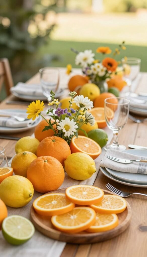 A beautifully arranged table showcasing an array of vibrant citrus fruits, including oranges, lemons, and limes, nestled among delicate summer flowers. In the foreground, a fresh, wooden serving platter holds freshly cut citrus slices, adding a splash of color. The middle ground features an elegantly set table with rustic linen napkins and simple glassware reflecting soft natural light. In the background, a hint of greenery and a blurred sunny outdoor scene enhance the warm, inviting atmosphere. The lighting is soft and golden, evoking a relaxed summer vibe, ideal for both indoor and outdoor dining. This lifestyle image, styled for CozyTrendHub, captures the essence of summer decor that beautifully doubles as serving.