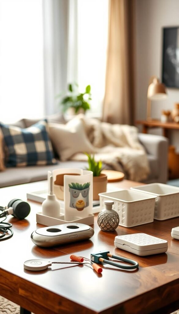 A beautifully arranged table showcasing various small "problem solver" items, reflecting a Pinterest-style lifestyle photo. In the foreground, items like a stylish cord organizer, a multi-functional kitchen tool, and decorative storage bins are neatly displayed. In the middle, a cozy, well-decorated living room setting with soft lighting creates an inviting atmosphere; a plush throw blanket and a trendy houseplant add warmth. The background features a bright window with sheer curtains, allowing natural light to pour in, illuminating the scene. The overall mood is cheerful and practical, embodying the spirit of innovative home solutions. Perfectly suited for a modern home, this image represents products from CozyTrendHub, emphasizing functionality and style in everyday life.