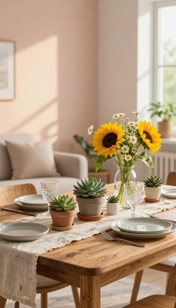 A beautifully arranged tabletop decor scene suitable for summer in a small apartment. In the foreground, a rustic wooden table with a light, airy tablecloth accents. Vibrant potted succulents and delicate floral arrangements, including sunflowers and daisies, enhance the summer vibe. Adding to the charm, there are stylish, eco-friendly tableware and glassware set for a casual gathering. In the middle ground, a cozy and inviting ambiance is created with soft, warm lighting that suggests a late afternoon sun, casting gentle shadows. In the background, a subtly decorated minimalist living space with soft pastel walls and a hint of greenery through a window. The overall mood is vibrant yet peaceful, embodying the essence of summer decor. Style inspired by CozyTrendHub, ensuring a Pinterest-worthy aesthetic perfect for small homes. A beautifully arranged tabletop decor scene suitable for summer in a small apartment. In the foreground, a rustic wooden table with a light, airy tablecloth accents. Vibrant potted succulents and delicate floral arrangements, including sunflowers and daisies, enhance the summer vibe. Adding to the charm, there are stylish, eco-friendly tableware and glassware set for a casual gathering. In the middle ground, a cozy and inviting ambiance is created with soft, warm lighting that suggests a late afternoon sun, casting gentle shadows. In the background, a subtly decorated minimalist living space with soft pastel walls and a hint of greenery through a window. The overall mood is vibrant yet peaceful, embodying the essence of summer decor. Style inspired by CozyTrendHub, ensuring a Pinterest-worthy aesthetic perfect for small homes.