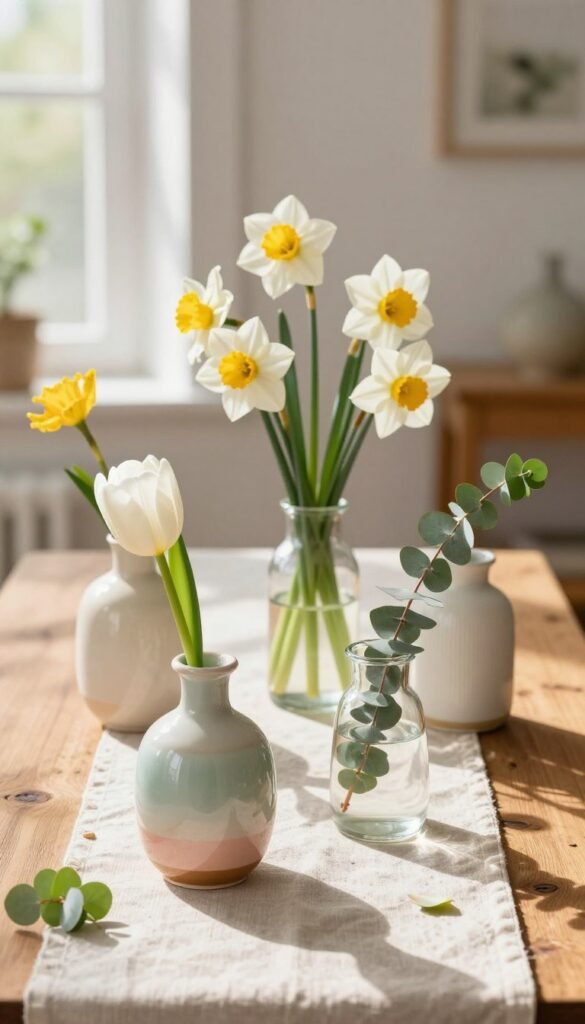 A beautifully arranged tabletop featuring a collection of bud vases in varying heights and styles, evoking a fresh and vibrant spring atmosphere. In the foreground, a delicate ceramic bud vase in pastel colors holds a single white tulip, while a slender glass vase showcases a sprig of eucalyptus. The middle ground displays a mini vase set, each filled with seasonal wildflowers like daffodils and hyacinths, adding pops of color. The background features a soft-focus rustic wooden table, adorned with light fabric table runners and subtle green leaves. Natural sunlight streams in from a nearby window, creating a warm and inviting glow. This image encapsulates effortless elegance and the joy of spring, perfect for a cozy home setting by CozyTrendHub.