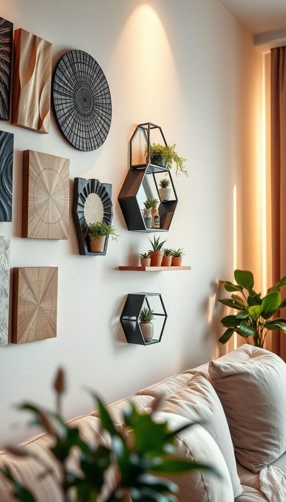 A beautifully arranged three-dimensional wall decor display in a modern apartment setting. In the foreground, showcase textured wall art pieces made of wood, metal, and ceramic, with delicate shadow play enhancing their shapes. In the middle ground, hang a trio of eye-catching geometric shelves adorned with lush plants and curated decorative objects, adding depth and interest. The background features a soft, neutral-color wall that complements the decor, illuminated by warm, natural light from a nearby window, creating a cozy atmosphere. Capture this scene with a slight downward angle to emphasize the layered arrangement and ensure a Pinterest-style aesthetic. This image should reflect the brand CozyTrendHub's essence of stylish and welcoming home decor.