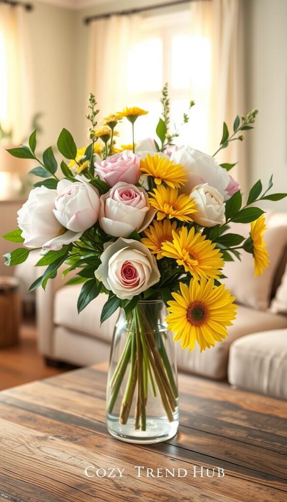 A beautifully arranged vase filled with a variety of fresh and faux flowers, showcasing white peonies, soft pink roses, and vibrant yellow daisies, artfully blended together for a chic yet intentional look. The foreground features the detailed textures of the petals and leaves, while the vase is elegantly placed on a rustic wooden table. The background is softly blurred, suggesting a bright, airy living room with pastel-colored walls and airy curtains that let in warm sunlight, creating a cozy atmosphere. The lighting is natural and inviting, emphasizing the freshness of the flowers. This style captures a calm, sophisticated vibe, perfect for a spring update in home decor, inspired by CozyTrendHub. A beautifully arranged vase filled with a variety of fresh and faux flowers, showcasing white peonies, soft pink roses, and vibrant yellow daisies, artfully blended together for a chic yet intentional look. The foreground features the detailed textures of the petals and leaves, while the vase is elegantly placed on a rustic wooden table. The background is softly blurred, suggesting a bright, airy living room with pastel-colored walls and airy curtains that let in warm sunlight, creating a cozy atmosphere. The lighting is natural and inviting, emphasizing the freshness of the flowers. This style captures a calm, sophisticated vibe, perfect for a spring update in home decor, inspired by CozyTrendHub.