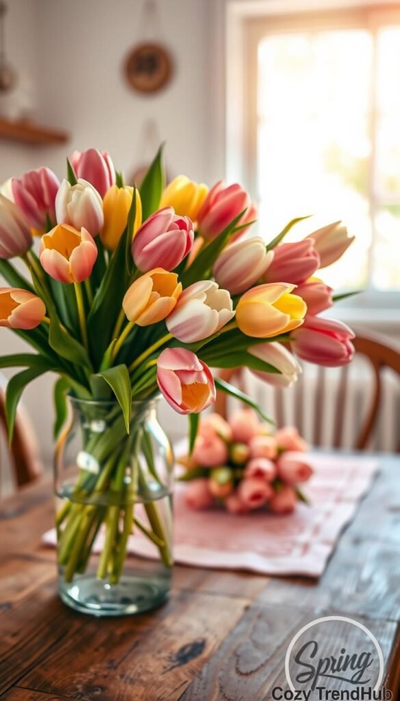 A beautifully arranged vase filled with vibrant, fresh tulips in shades of pink, yellow, and white, set on a rustic wooden table. The foreground features the vase, capturing the delicate petals and lush greenery. In the middle ground, you see subtle hints of a soft, pastel-colored table runner that complements the tulips, adding to the spring theme. In the background, a softly blurred window reveals a sunlit garden, casting warm, natural light that brightens the scene. The atmosphere is cheerful and inviting, embodying the essence of spring. The shot is taken from a slightly elevated angle to highlight the tulips while keeping the background dreamy. Ideal for home decor enthusiasts. Designed for CozyTrendHub.