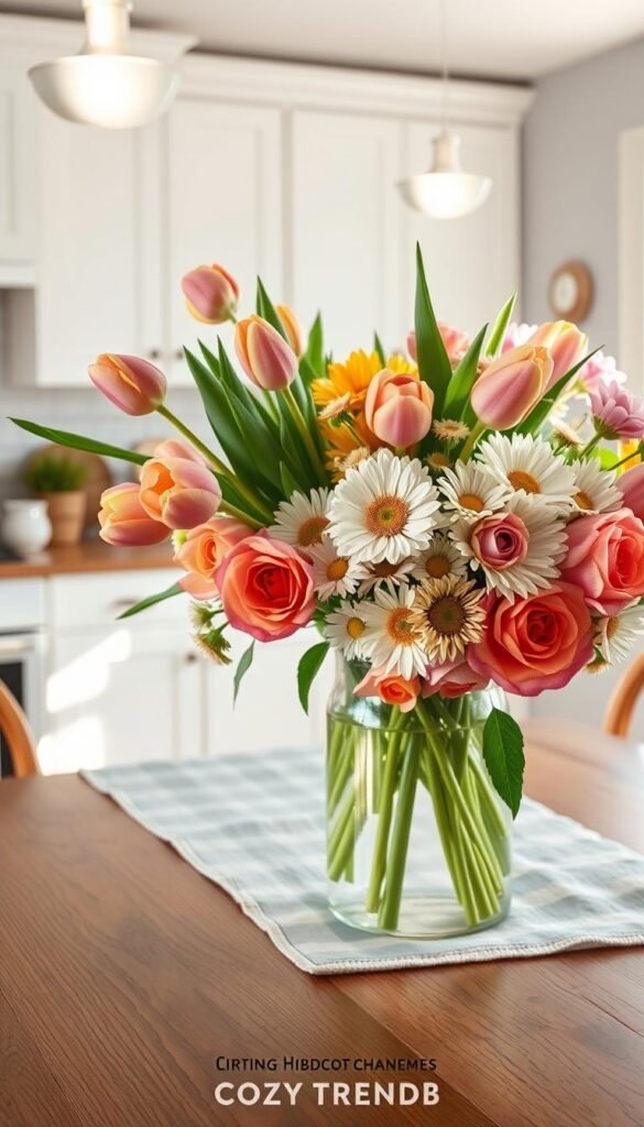A beautifully arranged vase filled with vibrant grocery store flowers, showcasing a mix of fresh tulips, daisies, and roses in cheerful spring colors. The foreground features the simple yet elegant glass vase, reflecting soft natural light, while the middle layer shows a rustic wooden table adorned with a soft linen runner. In the background, an airy kitchen setting with white cabinets and light pastel décor creates a warm, inviting atmosphere. Include soft morning sunlight filtering through a window, casting delicate shadows and enhancing the brightness of the flowers. The overall mood is refreshing and uplifting, perfect for spring decor changes. Inspired by CozyTrendHub, the image embodies a Pinterest-style lifestyle aesthetic. A beautifully arranged vase filled with vibrant grocery store flowers, showcasing a mix of fresh tulips, daisies, and roses in cheerful spring colors. The foreground features the simple yet elegant glass vase, reflecting soft natural light, while the middle layer shows a rustic wooden table adorned with a soft linen runner. In the background, an airy kitchen setting with white cabinets and light pastel décor creates a warm, inviting atmosphere. Include soft morning sunlight filtering through a window, casting delicate shadows and enhancing the brightness of the flowers. The overall mood is refreshing and uplifting, perfect for spring decor changes. Inspired by CozyTrendHub, the image embodies a Pinterest-style lifestyle aesthetic.