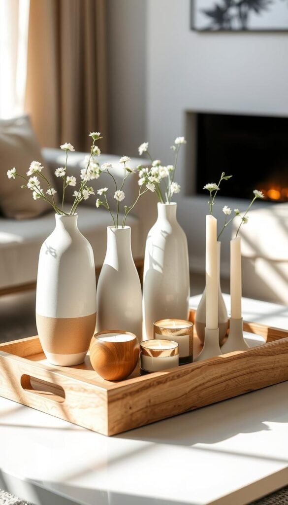 A beautifully arranged vignette showcasing a collection of elegant ceramic vases and a stylish wooden tray on a modern coffee table. The vases vary in height and shape, adorned with soft pastel colors and subtle textures, housing minimalist floral arrangements. The tray, made of natural wood with clean lines, holds an assortment of artisanal candles in varying heights. Soft, diffused natural light spills into the scene from a nearby window, casting gentle shadows that enhance the depth and warmth of the setting. The backdrop features a blurred, cozy living room with neutral-toned decor, adding to the inviting atmosphere. The overall mood is serene and aesthetically pleasing, perfect for the brand "CozyTrendHub" and illustrating stylish yet non-cluttered home decor solutions.
