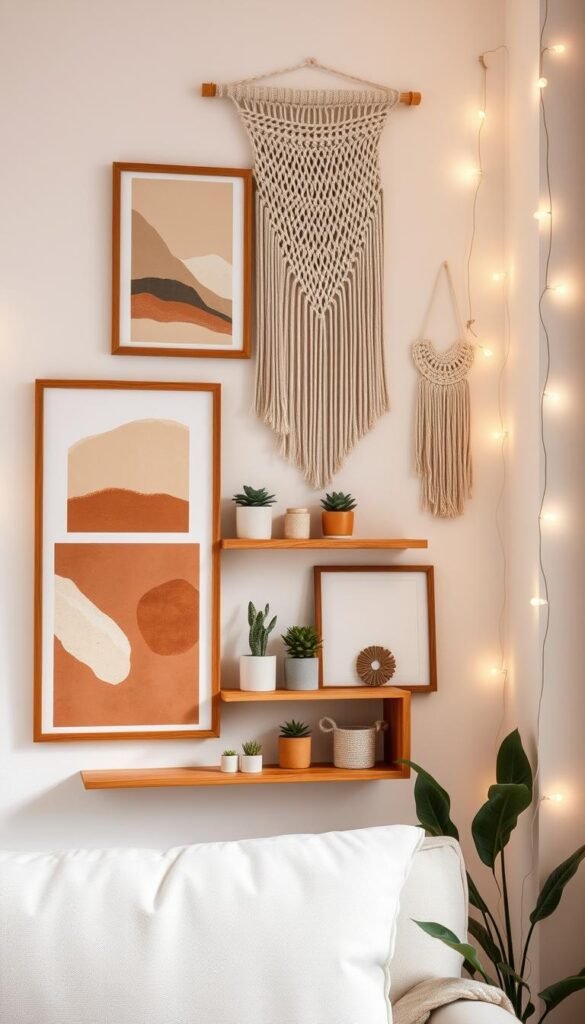 A beautifully arranged wall art display designed to enhance a cozy small space. In the foreground, there are three wooden-framed art pieces showcasing abstract designs in warm earth tones and soft pastels. In the middle, a minimalist shelf holds small potted plants and decorative items, creating a layered effect. The background features a soft neutral-colored wall adorned with a macram&eacute; wall hanging for texture, while fairy lights gently illuminate the area, casting a warm glow. The scene is captured from a slightly elevated angle, highlighting the cozy atmosphere, reminiscent of a Pinterest-style lifestyle photo. This image embodies the essence of comfortable, stylish decor without consuming precious space, perfect for CozyTrendHub.