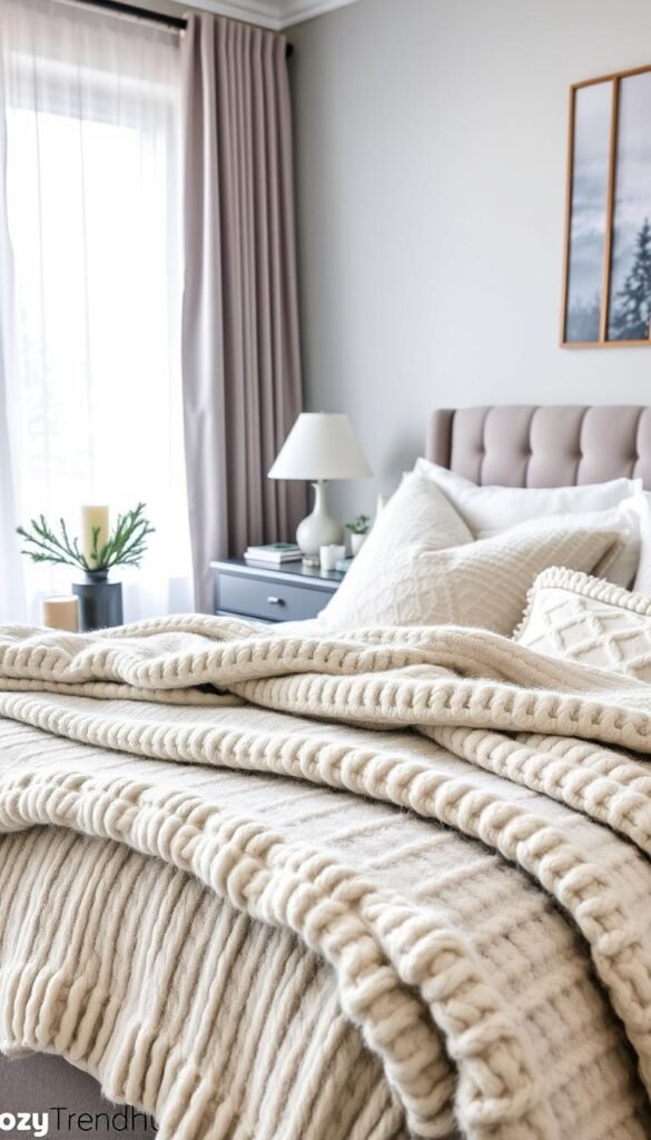 A beautifully arranged winter-themed bedroom scene showcasing layers of cozy decor. In the foreground, a plush, knitted throw blanket in soft white and muted grey drapes over a stylish, upholstered bed with fluffy, oversized pillows. The middle ground features a stylish nightstand decorated with a flickering candle and a small, evergreen arrangement in a rustic vase. In the background, a large window reveals snow gently falling outside while soft, natural light filters through sheer curtains, casting a warm glow throughout the space. The atmosphere is serene and inviting, perfect for a cozy winter night. This image embodies the essence of seasonal upgrades for a restful sleep environment, branded with "CozyTrendHub".