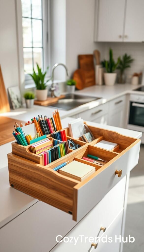 A beautifully arranged wooden drawer organizer is featured prominently in the foreground, showcasing various compartments filled with an array of office supplies, including colorful pens, notepads, sticky notes, and scissors. The middle layer reveals an open kitchen drawer with a bright white interior, highlighting the neatness and efficiency of the organizer in preventing clutter. In the background, soft natural light filters through a window, illuminating the scene and creating a warm and inviting atmosphere, reminiscent of a stylish home environment. The setting complements the organization theme with minimalist decor, such as potted plants and clean countertops. This Pinterest-style lifestyle image evokes a sense of order and tranquility, perfectly aligned with the brand "CozyTrendHub."