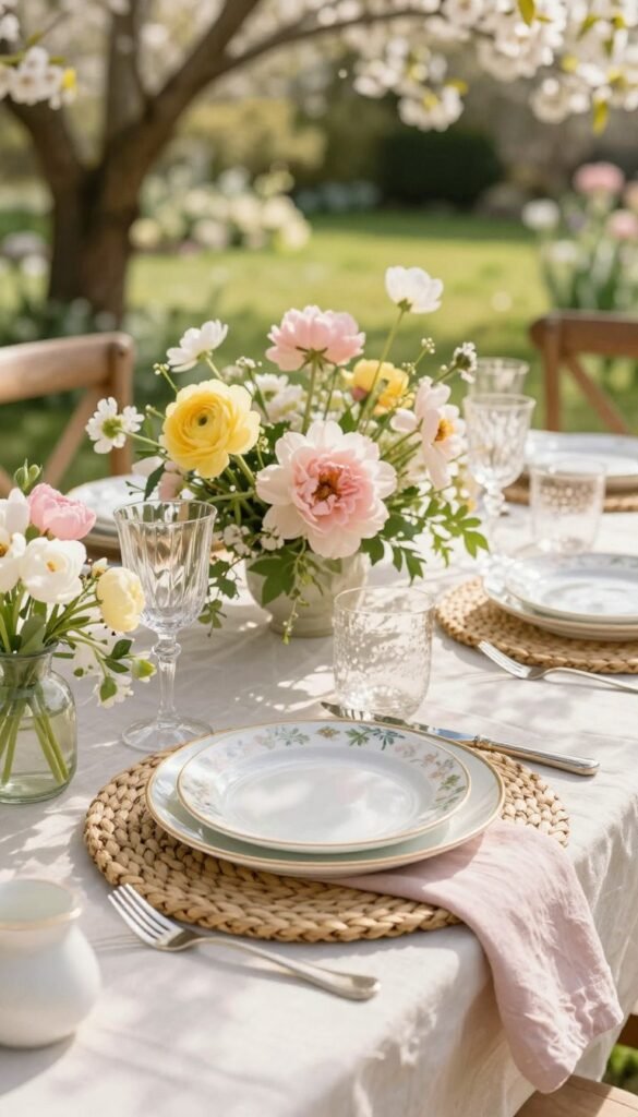 A beautifully arranged woven chargers tablescape showcasing an elegant spring theme, featuring intricate natural fiber charger plates as the centerpiece. The foreground includes a table set with fine china and lovely pastel-colored linens, creating a warm, inviting atmosphere. The middle layer highlights decorative elements such as blooming flowers in soft hues of pink and yellow, interspersed with delicate greenery. In the background, a softly lit spring garden is visible, enhancing the seasonal mood with dappled sunlight filtering through leaves. The image should be styled in a Pinterest-worthy fashion, emphasizing texture and elegance, reminiscent of CozyTrendHub's aesthetic. The lighting is bright yet soft, captured at eye level to bring warmth and intimacy to the scene.