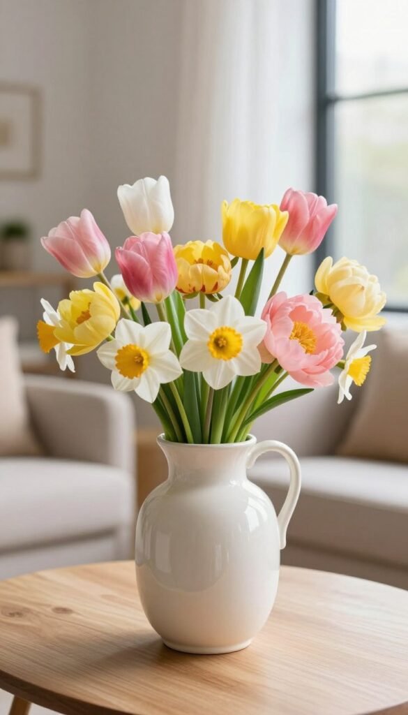 A beautifully crafted ceramic vase in an elegant, minimalist design, showcasing soft curves and a glossy finish. The vase is filled with a vibrant assortment of spring flowers, such as tulips, daffodils, and peonies, bursting with colors of pinks, yellows, and whites, arranged artfully to create a lush, full effect. In the foreground, the vase is prominently displayed on a light wooden table, while the background features a softly blurred living room setting with neutral tones and natural light streaming in from a large window, enhancing the fresh atmosphere. The scene radiates a cozy, inviting mood, perfect for showcasing spring decor, shot from a slightly elevated angle to capture the beauty of both the vase and the floral arrangement. Styled according to CozyTrendHub's aesthetic.