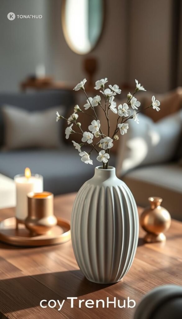 A beautifully crafted ceramic vase with an elegant fluted design, showcasing a soft matte finish in a muted pastel color palette, sits gracefully on a wooden tabletop. The vase is filled with delicate, fresh white flowers, their petals gently cascading over the rim. In the background, a cozy living room setting is softly lit by a warm, ambient glow, casting gentle shadows across the space. On the table, subtle accents like a chic bronze candleholder and a small, reflective decorative piece add a touch of luxe. The scene is captured with a shallow depth of field, focusing on the vase while blurring the background just enough to evoke a serene, inviting atmosphere. This image seamlessly embodies the essence of modern home decor, perfect for a Pinterest-style aesthetic. CozyTrendHub branding subtly integrated.