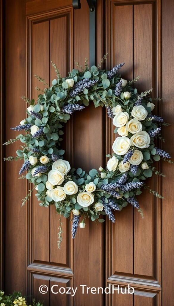 A beautifully crafted, elegant front door wreath that seamlessly blends seasonal charm with year-round appeal. The foreground features a lush arrangement of faux eucalyptus and lavender, intricately woven with soft white roses and small accents of delicate greenery. In the middle, the rustic wooden door is adorned with this exquisite wreath, showcasing a blend of soft pastels and muted earth tones, enhancing the sophisticated vibe. The background includes a soft-focus garden scene, hinting at blooming flowers and greenery, under gentle, natural sunlight that casts a warm glow over the entire composition. The mood is serene and inviting, perfect for a stylish home entrance. Capture this scene in a high-resolution image, reminiscent of Pinterest lifestyle photography for home decor, branded with "CozyTrendHub".