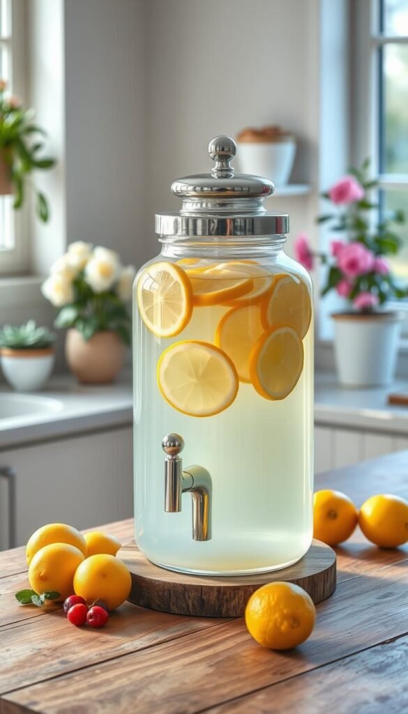 A beautifully crafted kitchen glass dispenser filled with refreshing lemonade sits elegantly on a rustic wooden countertop, surrounded by vibrant spring fruits like lemons and berries. The dispenser features a sleek, modern design with a polished silver spigot. Soft natural light streams through a nearby window, casting warm highlights on the glass, enhancing its clarity and making the lemonade appear inviting. In the background, a cozy kitchen with pastel-themed decor and potted plants creates a bright and cheerful atmosphere, evoking the spirit of spring. The image captures a serene, elevated yet practical vibe, perfect for a stylish apartment. Ideal for CozyTrendHub, this Pinterest-style lifestyle photo embodies spring decor with its harmonious colors and inviting elements. A beautifully crafted kitchen glass dispenser filled with refreshing lemonade sits elegantly on a rustic wooden countertop, surrounded by vibrant spring fruits like lemons and berries. The dispenser features a sleek, modern design with a polished silver spigot. Soft natural light streams through a nearby window, casting warm highlights on the glass, enhancing its clarity and making the lemonade appear inviting. In the background, a cozy kitchen with pastel-themed decor and potted plants creates a bright and cheerful atmosphere, evoking the spirit of spring. The image captures a serene, elevated yet practical vibe, perfect for a stylish apartment. Ideal for CozyTrendHub, this Pinterest-style lifestyle photo embodies spring decor with its harmonious colors and inviting elements.