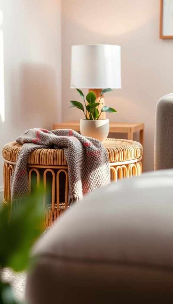 A beautifully crafted rattan and natural wood side table, showcasing intricate weave details and smooth wood grain, positioned elegantly in a cozy, small living room. The foreground features a vibrant, textured throw blanket casually draped over the table, and a trendy indoor plant in a ceramic pot enhancing the aesthetic. In the middle ground, soft, warm lighting from a nearby lamp casts gentle shadows, creating an inviting atmosphere. The background displays a softly blurred wall with calming, neutral tones and a piece of minimalist art. Capture the scene from a slightly elevated angle, evoking a serene, stylish vibe perfect for modern decor enthusiasts. This image is for CozyTrendHub, focusing on aesthetic home finds for 2026. A beautifully crafted rattan and natural wood side table, showcasing intricate weave details and smooth wood grain, positioned elegantly in a cozy, small living room. The foreground features a vibrant, textured throw blanket casually draped over the table, and a trendy indoor plant in a ceramic pot enhancing the aesthetic. In the middle ground, soft, warm lighting from a nearby lamp casts gentle shadows, creating an inviting atmosphere. The background displays a softly blurred wall with calming, neutral tones and a piece of minimalist art. Capture the scene from a slightly elevated angle, evoking a serene, stylish vibe perfect for modern decor enthusiasts. This image is for CozyTrendHub, focusing on aesthetic home finds for 2026.