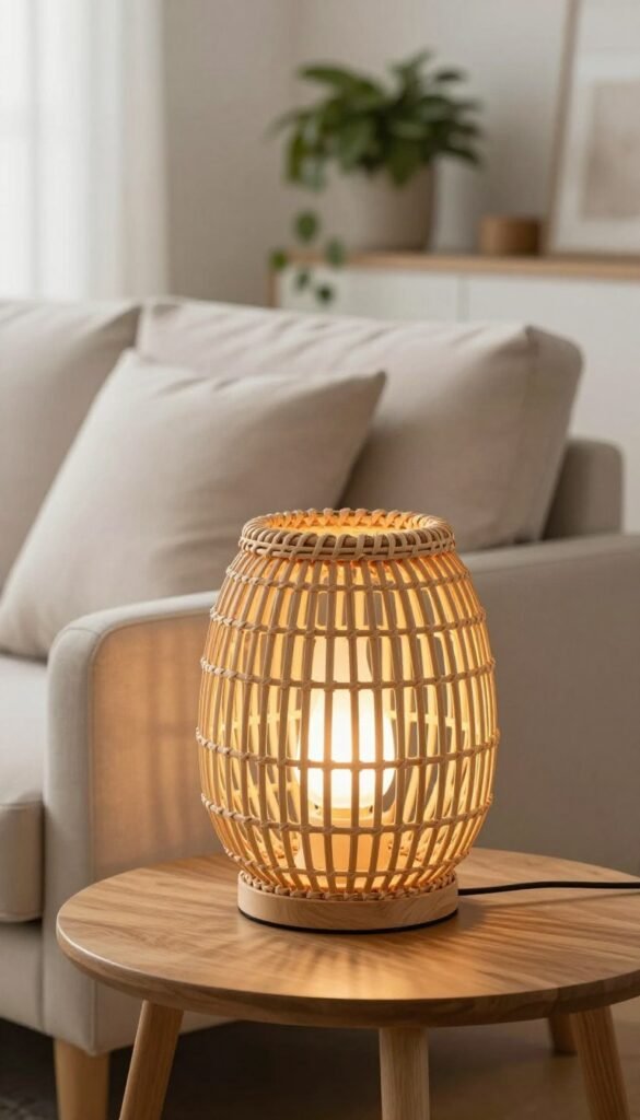 A beautifully crafted rattan lamp sits elegantly on a sleek wooden side table, illuminated by warm, soft light that highlights its intricate weaving patterns and organic textures. The foreground features the lamp, showcasing its unique design with a bulb glowing gently through the rattan. In the middle ground, a stylish, neutral-toned sofa adorned with plush cushions creates a cozy atmosphere, while a well-decorated shelf lined with greenery adds life to the scene. The background hints at a softly blurred, sunlit living room setting, giving a sense of warmth and inviting comfort. The overall mood is one of sophisticated charm, ideal for elevating a space without breaking the bank. Captured in a bright, airy style reminiscent of Pinterest aesthetics, perfect for CozyTrendHub. A beautifully crafted rattan lamp sits elegantly on a sleek wooden side table, illuminated by warm, soft light that highlights its intricate weaving patterns and organic textures. The foreground features the lamp, showcasing its unique design with a bulb glowing gently through the rattan. In the middle ground, a stylish, neutral-toned sofa adorned with plush cushions creates a cozy atmosphere, while a well-decorated shelf lined with greenery adds life to the scene. The background hints at a softly blurred, sunlit living room setting, giving a sense of warmth and inviting comfort. The overall mood is one of sophisticated charm, ideal for elevating a space without breaking the bank. Captured in a bright, airy style reminiscent of Pinterest aesthetics, perfect for CozyTrendHub.