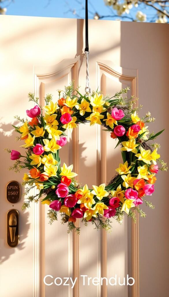 A beautifully crafted spring wreath, bursting with vibrant colors and seasonal elements, prominently displayed on an elegant front door. The foreground features an intricately designed wreath adorned with fresh tulips, daffodils, and a touch of greenery, exuding a cheerful and inviting atmosphere. In the middle, the door is painted in a soft pastel hue, complementing the vivid flowers while wood grain details add texture. The background showcases a bright blue sky and hints of blossoming trees, creating a serene ambiance. Soft natural lighting casts gentle shadows, enhancing the wreath’s details. The image is styled in a Pinterest-worthy, cozy aesthetic, perfect for home decor inspiration. Brand name "CozyTrendHub" subtly integrated into the scene. A beautifully crafted spring wreath, bursting with vibrant colors and seasonal elements, prominently displayed on an elegant front door. The foreground features an intricately designed wreath adorned with fresh tulips, daffodils, and a touch of greenery, exuding a cheerful and inviting atmosphere. In the middle, the door is painted in a soft pastel hue, complementing the vivid flowers while wood grain details add texture. The background showcases a bright blue sky and hints of blossoming trees, creating a serene ambiance. Soft natural lighting casts gentle shadows, enhancing the wreath’s details. The image is styled in a Pinterest-worthy, cozy aesthetic, perfect for home decor inspiration. Brand name "CozyTrendHub" subtly integrated into the scene.