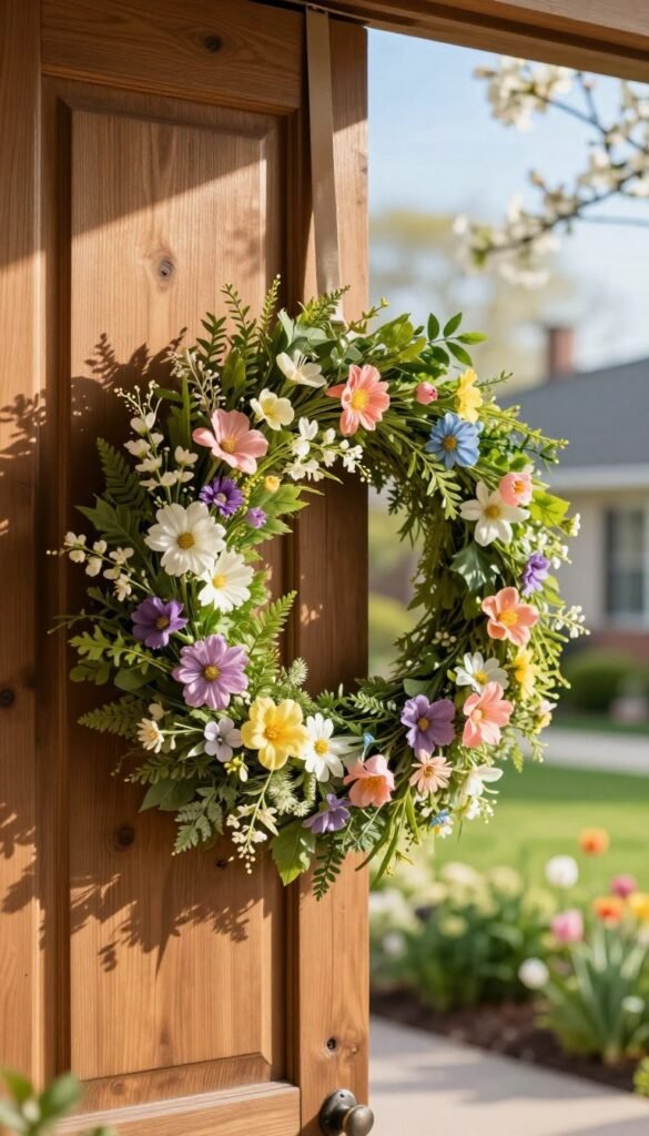 A beautifully crafted spring wreath featuring an array of colorful wildflowers, lush greenery, and subtle pastel accents. The foreground showcases the wreath hanging on a rustic wooden door, adorned with a soft, warm sunlight filtering through, creating a gentle glow. In the middle ground, a softly blurred garden bokeh adds a sense of depth, highlighting the freshness of the spring season. The background features a serene suburban landscape, with blooming trees and a clear blue sky, evoking a peaceful atmosphere. The overall mood is vibrant and inviting, exuding a high-end look while remaining accessible on a budget. This image captures the essence of stylish spring decor, perfect for warm, sunny gatherings. Brand: CozyTrendHub. A beautifully crafted spring wreath featuring an array of colorful wildflowers, lush greenery, and subtle pastel accents. The foreground showcases the wreath hanging on a rustic wooden door, adorned with a soft, warm sunlight filtering through, creating a gentle glow. In the middle ground, a softly blurred garden bokeh adds a sense of depth, highlighting the freshness of the spring season. The background features a serene suburban landscape, with blooming trees and a clear blue sky, evoking a peaceful atmosphere. The overall mood is vibrant and inviting, exuding a high-end look while remaining accessible on a budget. This image captures the essence of stylish spring decor, perfect for warm, sunny gatherings. Brand: CozyTrendHub.
