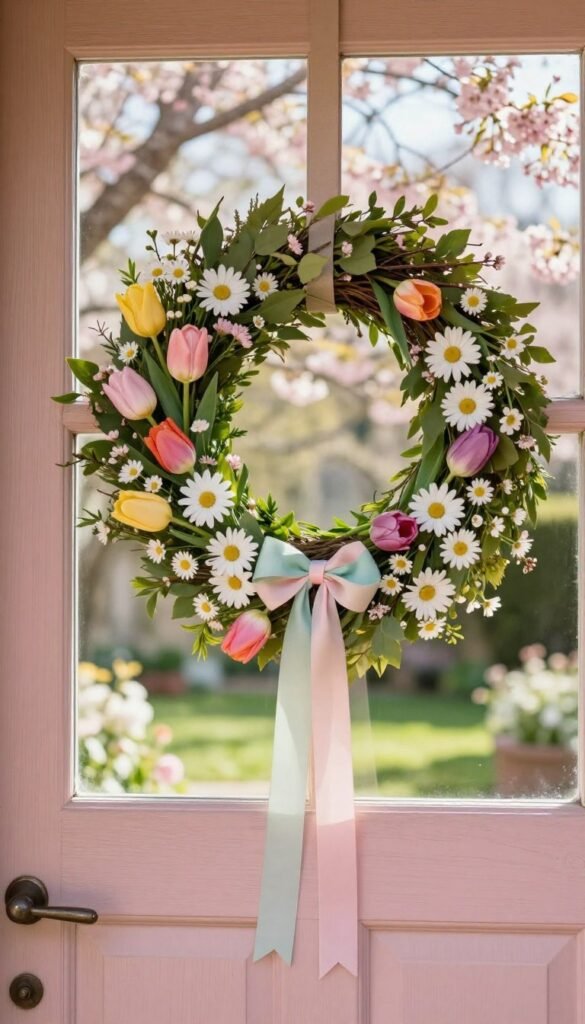 A beautifully crafted spring wreath hanging on a charming front door, showcasing a vibrant mix of fresh flowers like tulips, daisies, and cherry blossoms intertwined with lush green foliage. The wreath is adorned with delicate pastel ribbons, exuding a welcoming and cheerful vibe. In the foreground, the richly textured wooden door features a classic round door handle and is painted in a soft pastel color, enhancing the spring theme. The background reveals a sunny, blooming garden with soft, dappled sunlight filtering through the leaves, creating a warm and inviting atmosphere. Photographed in natural light with a shallow depth of field at eye level, capturing the essence of seasonal home decor. Ideal for a cozy, Pinterest-style lifestyle image, representing "CozyTrendHub."