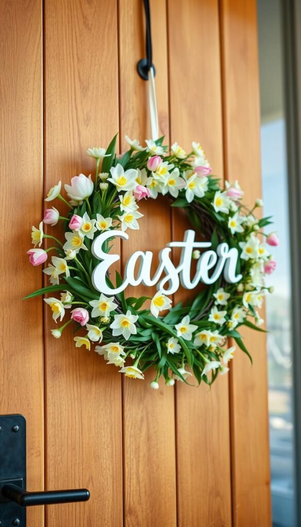 A beautifully crafted spring wreath hanging on a front door, featuring a variety of delicate pastel flowers like tulips and daffodils intertwined with lush greenery. The wreath has a subtle design, conveying the word &ldquo;Easter&rdquo; through elegant floral arrangements rather than overtly themed decorations. In the foreground, the vibrant details of the flowers are in sharp focus, while the wooden door provides a rich, rustic backdrop. Soft, diffused natural light bathes the scene, creating a warm and welcoming atmosphere. A hint of blue sky can be seen in the background, enhancing the springtime feel. Ideal for a Pinterest-style lifestyle photo, reflecting home decor aesthetics by CozyTrendHub.