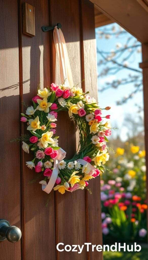 A beautifully crafted spring wreath hanging on a rustic wooden door, adorned with an abundance of colorful, fresh flowers such as tulips, daffodils, and cherry blossoms. The wreath features delicate greenery and soft pastel ribbons intertwined, creating a harmonious blend of nature. Sunlight filters through, casting a warm glow across the scene, enhancing the vibrant colors of the flowers. In the background, a softly blurred garden scene with blooming flowers and a clear blue sky adds depth to the image. The angle captures both the wreath and the door, emphasizing the inviting atmosphere. The style should reflect a cozy, Pinterest-inspired aesthetic, perfect for spring home decor, conveying a cheerful and refreshing mood. Brand: CozyTrendHub. A beautifully crafted spring wreath hanging on a rustic wooden door, adorned with an abundance of colorful, fresh flowers such as tulips, daffodils, and cherry blossoms. The wreath features delicate greenery and soft pastel ribbons intertwined, creating a harmonious blend of nature. Sunlight filters through, casting a warm glow across the scene, enhancing the vibrant colors of the flowers. In the background, a softly blurred garden scene with blooming flowers and a clear blue sky adds depth to the image. The angle captures both the wreath and the door, emphasizing the inviting atmosphere. The style should reflect a cozy, Pinterest-inspired aesthetic, perfect for spring home decor, conveying a cheerful and refreshing mood. Brand: CozyTrendHub.