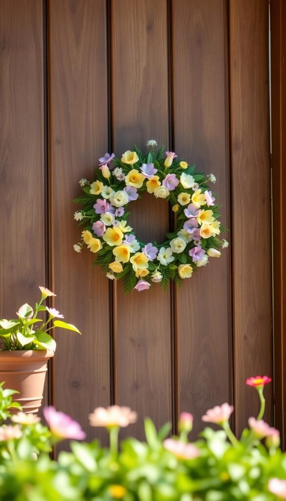 A beautifully crafted spring wreath hangs on a rustic wooden front door, adorned with vibrant blooms in soft pastels like pink, yellow, and lavender, complemented by lush greenery and delicate white accents. The foreground features the wreath prominently, embracing the door's natural texture. In the middle ground, a potted plant with lively leaves flanks the door, enhancing the warm, welcoming atmosphere. The background showcases a soft-focus garden bursting with color, hinting at blooming flowers under bright, cheerful sunlight, creating an inviting springtime feel. The image is bathed in gentle, natural light, captured from a slightly low angle to emphasize the wreath's charm. This Pinterest-worthy scene is presented by CozyTrendHub, evoking a sense of freshness and joy for the season.