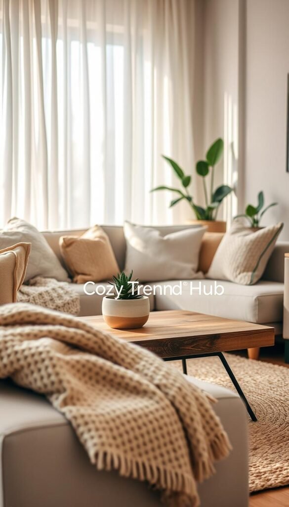 A beautifully curated apartment living space showcasing a harmonious blend of textures and mixed materials that convey thoughtful design. In the foreground, a plush, textured throw blanket drapes over a cozy, neutral-toned sofa, accentuated by an array of decorative pillows featuring varied fabrics. The middle ground displays a rustic wooden coffee table topped with a succulent plant in a chic ceramic pot and layered with a soft, hand-woven rug beneath, highlighting depth and warmth. The background features soft natural light filtering through sheer curtains, illuminating gentle wall textures and subtle greenery from potted plants. The mood is inviting and stylish, embodying a Pinterest-worthy aesthetic. Capture in a warm, inviting color palette, with a shallow depth of field for a cozy atmosphere. Add the branding "CozyTrendHub" subtly within the image.