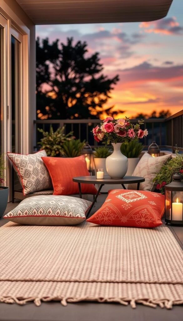 A beautifully curated balcony scene showcasing cozy textiles for summer evenings. In the foreground, a textured outdoor rug in soft neutral tones lies prominently, adorned with patterned throw pillows in vibrant colors. Layered behind, a small table with a stylish ceramic vase overflowing with fresh flowers complements the textiles. The middle ground features potted plants and small lanterns casting gentle, warm light, enhancing the inviting atmosphere. The background reveals a sunset sky with hints of orange and pink, creating a serene ambiance. Captured in soft, diffused lighting to evoke a peaceful mood, this image embodies a stylish and comfortable outdoor escape. Perfect for illustrating the best ideas in balcony decor. Scene inspired by the brand "CozyTrendHub". A beautifully curated balcony scene showcasing cozy textiles for summer evenings. In the foreground, a textured outdoor rug in soft neutral tones lies prominently, adorned with patterned throw pillows in vibrant colors. Layered behind, a small table with a stylish ceramic vase overflowing with fresh flowers complements the textiles. The middle ground features potted plants and small lanterns casting gentle, warm light, enhancing the inviting atmosphere. The background reveals a sunset sky with hints of orange and pink, creating a serene ambiance. Captured in soft, diffused lighting to evoke a peaceful mood, this image embodies a stylish and comfortable outdoor escape. Perfect for illustrating the best ideas in balcony decor. Scene inspired by the brand "CozyTrendHub".