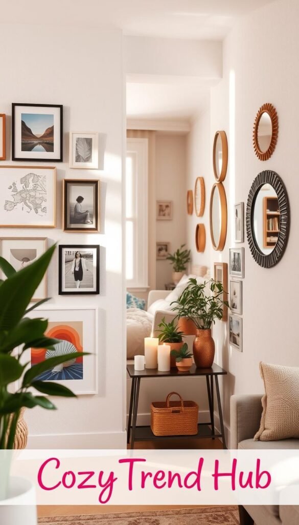 A beautifully curated gallery wall in a small, cozy apartment setting, featuring an eclectic mix of framed artwork, photographs, and decorative mirrors. The foreground showcases a gentle arrangement of art pieces in various shapes and sizes, all harmonizing with a soft, neutral color palette. In the middle ground, a small console table holds decorative plants and candles, adding warmth to the space. The background includes a tastefully decorated interior, with light streaming in from a window, casting soft shadows that enhance the textured wall. The atmosphere evokes a stylish yet inviting mood, perfect for small spaces. This Pinterest-style lifestyle photo reflects contemporary home decor trends, branded "CozyTrendHub," creating a sense of comfort and creativity.
