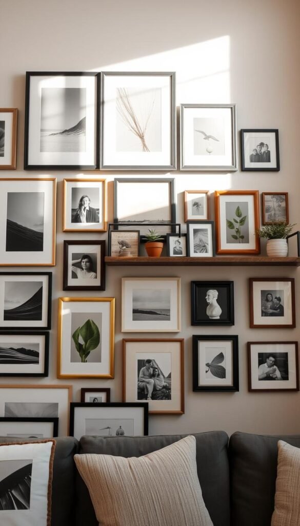 A beautifully curated gallery wall showcasing an array of framed art pieces and photographs arranged in an aesthetically pleasing manner. The foreground features various frames, including modern minimalistic styles and vintage designs, containing diverse artwork, such as abstract paintings, nature scenes, and family photos. The middle ground includes decorative wall shelves holding small plants and sculptures that complement the artwork. The background consists of a softly lit, neutral-colored wall providing depth and warmth. Natural sunlight streams in from a nearby window, casting gentle shadows and creating a cozy atmosphere. Shot with a 35mm lens at eye level, this Pinterest-inspired lifestyle image embodies the charm and comfort of wall decor for apartments without drilling. Ideal for illustrating "CozyTrendHub" themes.