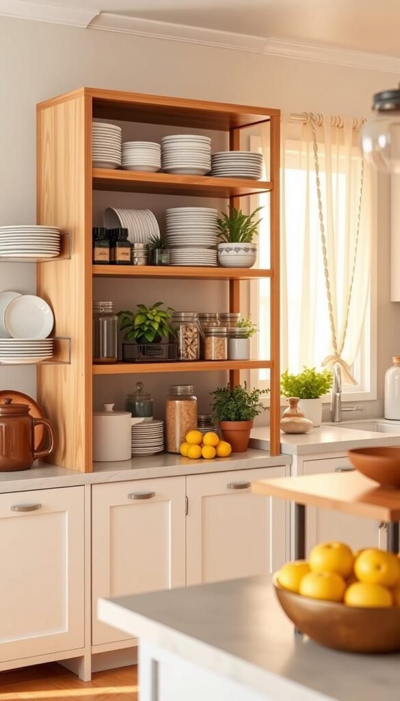 A beautifully curated kitchen storage shelf in a cozy setting, showcasing an organized and stylish arrangement. The foreground features a modern wooden shelf filled with neatly stacked plates, glass jars of spices, and fresh herbs in pots, all artistically arranged. In the middle ground, a small kitchen island with a decorative fruit bowl adds a touch of warmth. The background reveals soft white cabinets and an inviting, sunlit window draped with sheer fabric. Warm, natural lighting filters through, creating a tranquil atmosphere. This scene exudes a high-end feel while remaining affordable and practical, perfect for inspiring home decor enthusiasts. Ideal for a Pinterest-style lifestyle photo by CozyTrendHub.