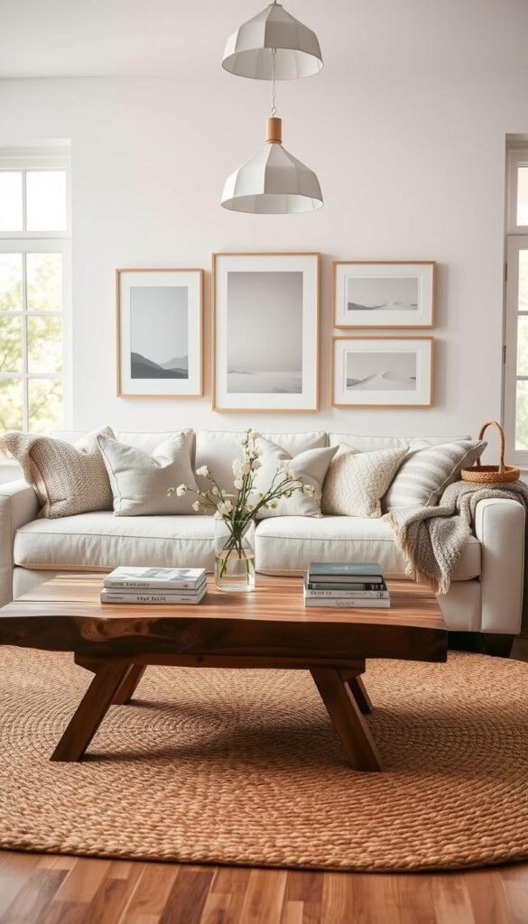 A beautifully curated living room emphasizing neutral colors, featuring a cozy, light beige sofa adorned with textured throws and cushions in soft grays and whites. In the foreground, a rustic wooden coffee table holds a minimalistic vase with fresh white flowers and a stack of stylish coffee table books. The middle ground showcases a gallery wall of framed neutral-toned artwork, adding depth and interest, while a woven area rug ties the space together harmoniously. The background reveals large, bright windows allowing natural light to flood in, creating a warm and inviting atmosphere. Overhead, a modern pendant light casts a soft glow, enhancing the room's tranquility. Capture this aesthetic in a Pinterest-style lifestyle image for CozyTrendHub, showcasing that neutral home decor can be rich and layered, rather than flat. A beautifully curated living room emphasizing neutral colors, featuring a cozy, light beige sofa adorned with textured throws and cushions in soft grays and whites. In the foreground, a rustic wooden coffee table holds a minimalistic vase with fresh white flowers and a stack of stylish coffee table books. The middle ground showcases a gallery wall of framed neutral-toned artwork, adding depth and interest, while a woven area rug ties the space together harmoniously. The background reveals large, bright windows allowing natural light to flood in, creating a warm and inviting atmosphere. Overhead, a modern pendant light casts a soft glow, enhancing the room's tranquility. Capture this aesthetic in a Pinterest-style lifestyle image for CozyTrendHub, showcasing that neutral home decor can be rich and layered, rather than flat.