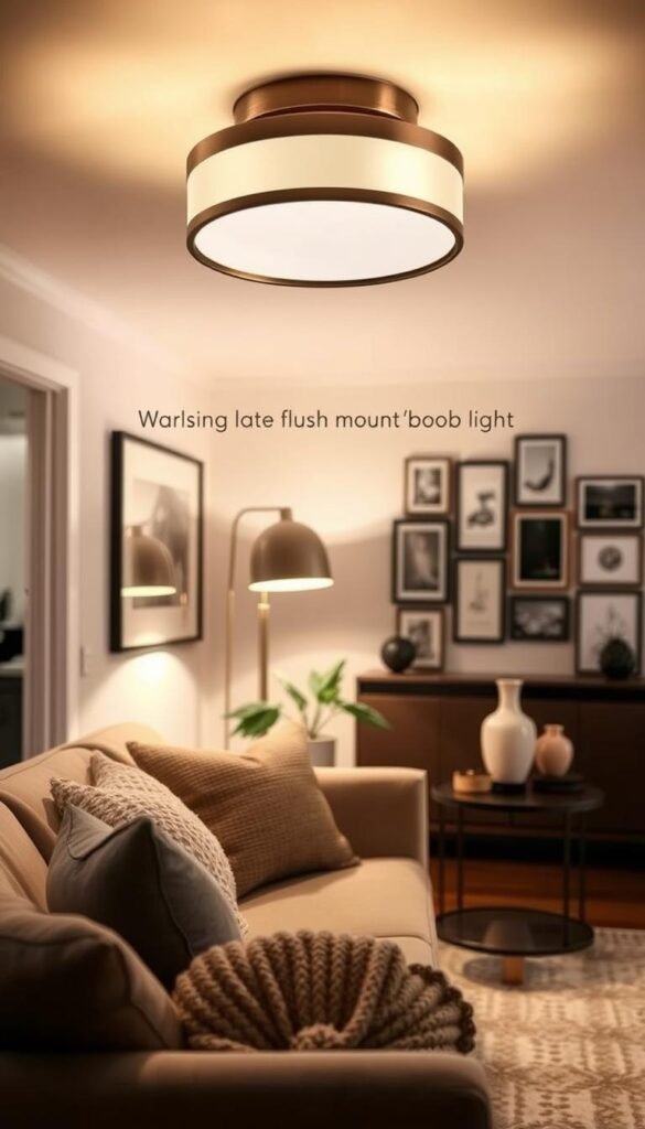 A beautifully curated living room scene featuring modern lighting upgrades. In the foreground, a stylish, minimalist ceiling fixture with warm LED lights, replacing an outdated flush mount "boob light." The fixture has a sleek design with brushed brass accents. In the middle ground, an inviting ambiance is created by soft, diffused lighting illuminating a cozy sofa adorned with textured throw pillows and a knitted blanket. A chic side table holds a small plant and a decorative vase, adding a touch of greenery. In the background, a tastefully decorated wall showcases a gallery of art. The atmosphere is warm and inviting, with gentle shadows enhancing the space's depth. Shot from a slightly elevated angle to capture the room's elegance, the image reflects home decor trends from CozyTrendHub.