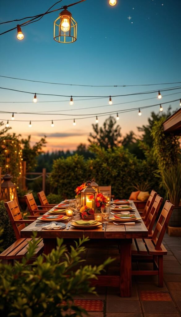 A beautifully curated outdoor patio scene featuring a cozy summer evening ambiance. In the foreground, a rustic wooden dining table adorned with elegant string lights, soft glowing lanterns, and colorful, vibrant table settings including dishes and seasonal florals. In the middle ground, lush greenery surrounds the area, with gentle shadows cast by the warm lighting, evoking a relaxed atmosphere. The background showcases a twilight sky, transitioning from soft blues to dusky pinks, with twinkling stars beginning to emerge. This setting promotes a sense of gathering and celebration under the stars. Ideal for a cozy summer night, embodying the essence of CozyTrendHub's home decor style. High resolution, natural lighting, and a slightly elevated angle to capture both the details and the inviting atmosphere. A beautifully curated outdoor patio scene featuring a cozy summer evening ambiance. In the foreground, a rustic wooden dining table adorned with elegant string lights, soft glowing lanterns, and colorful, vibrant table settings including dishes and seasonal florals. In the middle ground, lush greenery surrounds the area, with gentle shadows cast by the warm lighting, evoking a relaxed atmosphere. The background showcases a twilight sky, transitioning from soft blues to dusky pinks, with twinkling stars beginning to emerge. This setting promotes a sense of gathering and celebration under the stars. Ideal for a cozy summer night, embodying the essence of CozyTrendHub's home decor style. High resolution, natural lighting, and a slightly elevated angle to capture both the details and the inviting atmosphere.