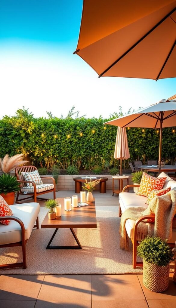 A beautifully curated patio living room, designed for summer relaxation. In the foreground, plush, weather-resistant sofas adorned with vibrant cushions and a cozy throw blanket invite comfort. A stylish coffee table rests on a soft outdoor rug, surrounded by tasteful decor such as candles and small potted plants. The middle ground features a backdrop of lush greenery, with hanging fairy lights illuminating the scene softly in the early evening light. A large umbrella provides shade, casting gentle patterns on the floor. In the background, a clear blue sky hints at a warm sunset, enhancing the tranquil atmosphere. Aim for a bright and cheerful aesthetic, capturing the essence of outdoor living. Showcase a sense of warmth and invitation synonymous with summer decor, reflecting the vibe of CozyTrendHub.
