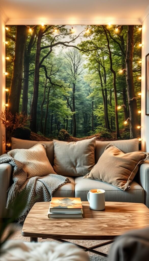 A beautifully curated small room featuring a stunning wallpaper mural that enhances the cozy atmosphere. The foreground showcases a plush, inviting couch adorned with soft throw pillows and a textured blanket, complemented by a stylish coffee table with a few thoughtfully placed books and a steaming mug. In the middle, the wallpaper mural vividly depicts a serene forest scene with rich greens and warm earthy tones, creating a sense of tranquility. The background features softly glowing string lights that illuminate the room, providing a warm, inviting light. Use a shallow depth of field to emphasize the cozy details of the decor while keeping the wallpaper mural as the focal point. The overall mood is warm, inviting, and inspiring, perfect for highlighting CozyTrendHub's cozy decor style for small spaces.
