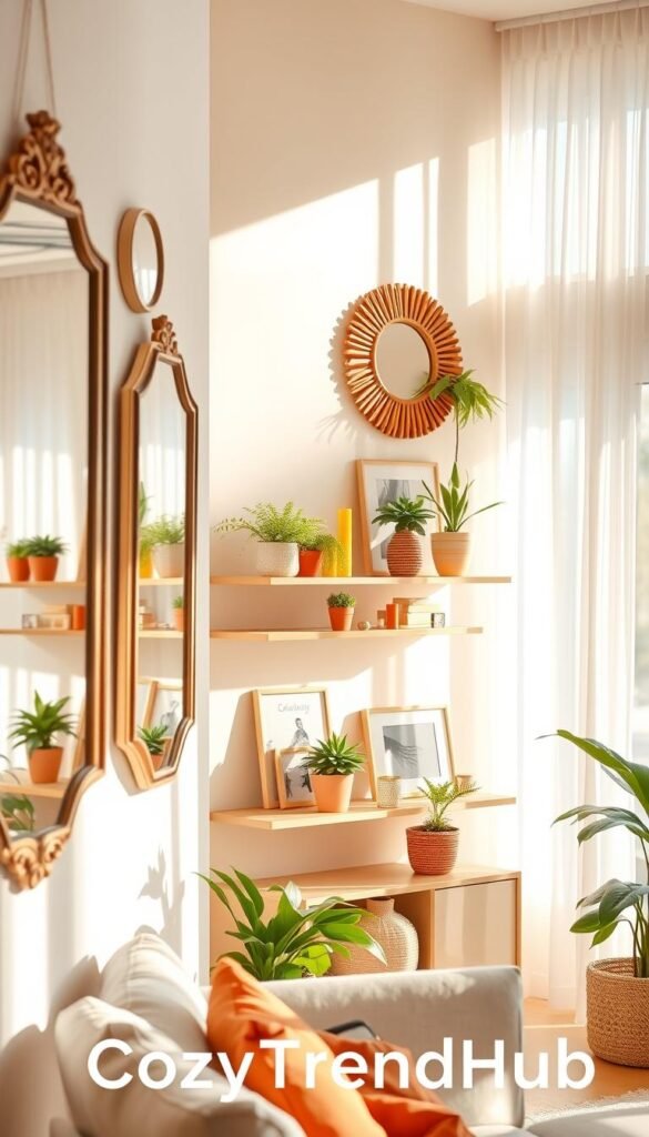 A beautifully curated summer wall decor scene showcasing a vibrant, sunlit living space. In the foreground, a series of elegant mirrors reflecting light hang at varying heights, creating an illusion of depth. On the middle layer, stylish floating shelves adorned with colorful summer-themed decor items like houseplants, candles, and framed memories stand against a soft pastel wall. In the background, a gentle breeze moves sheer curtains, allowing natural sunlight to flood the room with warmth and brightness. The atmosphere is inviting and cheerful, perfect for summer, with a cozy aesthetic reminiscent of a Pinterest board. Capture this scene in a wide-angle lens, with a soft focus on the details to highlight the warmth and freshness of the decor. The brand name is "CozyTrendHub".