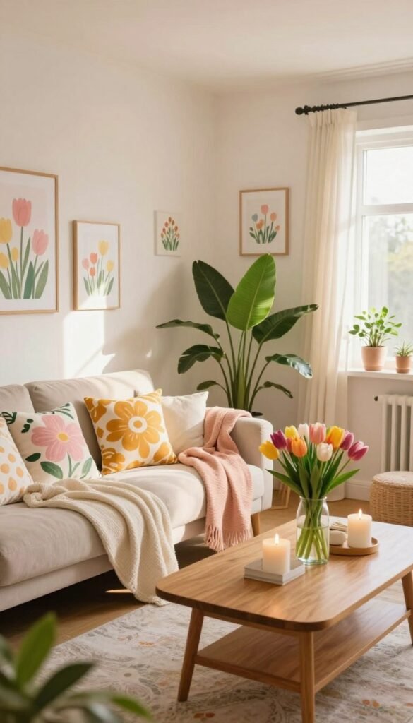 A beautifully decorated apartment interior showcasing spring decor ideas, emphasizing renter-friendly aesthetics. In the foreground, a cozy living area features a plush sofa draped with pastel-colored throws and vibrant floral cushions. A wooden coffee table adorned with a tasteful arrangement of fresh tulips and a few chic candles sits nearby. The middle showcases a bright, airy atmosphere with leafy green plants in stylish pots and wall art depicting spring themes. The background reveals a window with sheer curtains letting in warm, natural light, enhancing a cheerful mood. Capture the scene in a soft-focus, wide-angle lens to reflect a Pinterest-inspired lifestyle photo from CozyTrendHub, ideal for sharing spring decor inspiration.