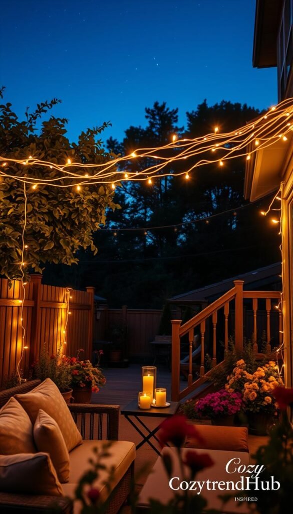 A beautifully decorated backyard at twilight, featuring warm, glowing string lights intricately wrapped around lush green trees, rustic wooden fences, and elegant railings. The foreground showcases a cozy outdoor seating area with soft cushions and a small table adorned with candles. In the middle, the enchanting string lights create a magical atmosphere, casting a soft golden glow that highlights the vibrant colors of nearby flowers. The background reveals softly blurred silhouettes of trees under a deep blue sky, sprinkled with twinkling stars. Capture the scene using a warm filter and a wide-angle lens to evoke a welcoming, festive mood. This image, inspired by the brand &ldquo;CozyTrendHub,&rdquo; embodies the charm of outdoor evening decor, ideal for a relaxed backyard party ambiance.