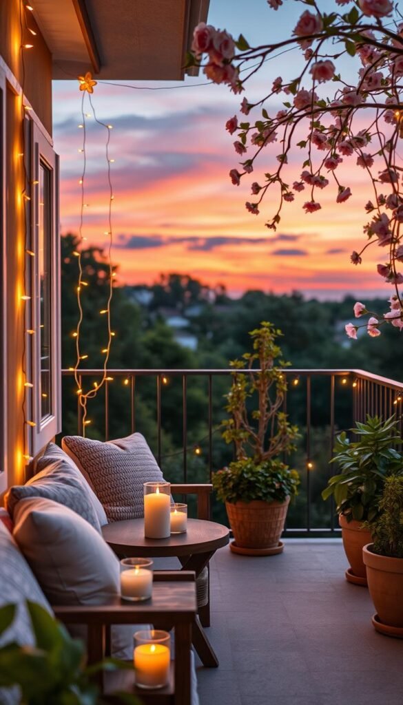 A beautifully decorated balcony at sunset, featuring warm, glowing string lights draped elegantly along the railing. In the foreground, a cozy seating area with plush cushions and a small wooden table, adorned with candles casting a soft glow. The middle ground showcases potted plants with lush greenery, enhancing the inviting atmosphere. The background reveals a softly fading sky in hues of pink and orange, complemented by delicate fairy lights intertwined with blooming vines. The scene is captured with a soft-focus lens, emphasizing the warmth of the lights and creating a dreamy, peaceful ambiance. This Pinterest-style lifestyle photo embodies a cozy summer evening, perfect for inspiration. Brand name: CozyTrendHub. A beautifully decorated balcony at sunset, featuring warm, glowing string lights draped elegantly along the railing. In the foreground, a cozy seating area with plush cushions and a small wooden table, adorned with candles casting a soft glow. The middle ground showcases potted plants with lush greenery, enhancing the inviting atmosphere. The background reveals a softly fading sky in hues of pink and orange, complemented by delicate fairy lights intertwined with blooming vines. The scene is captured with a soft-focus lens, emphasizing the warmth of the lights and creating a dreamy, peaceful ambiance. This Pinterest-style lifestyle photo embodies a cozy summer evening, perfect for inspiration. Brand name: CozyTrendHub.