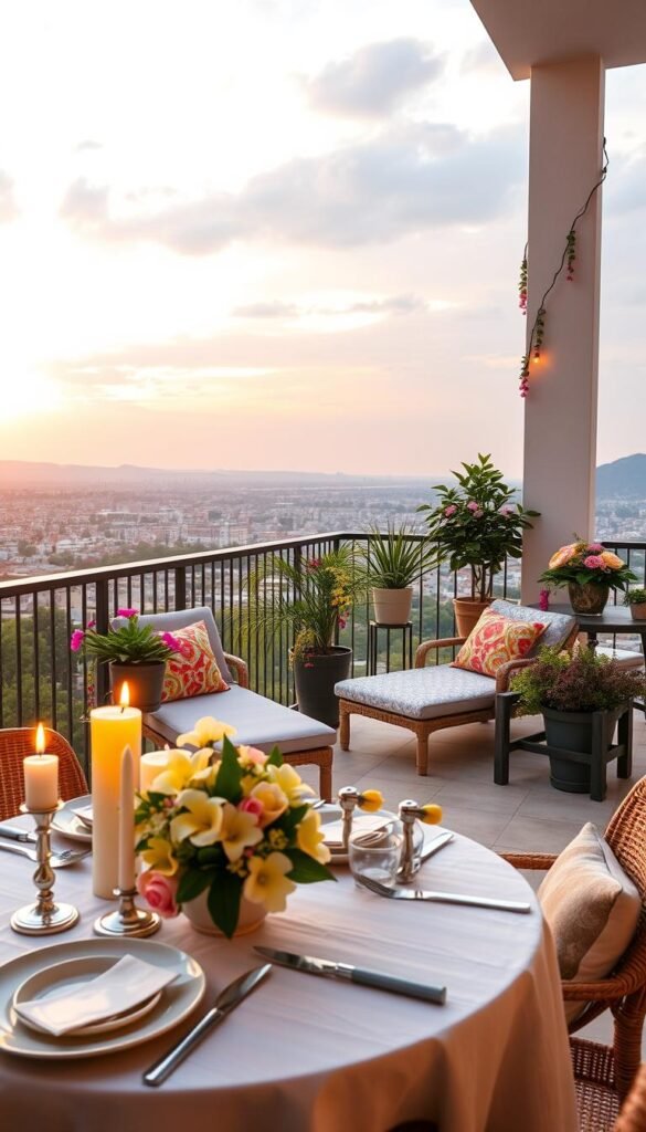 A beautifully decorated balcony at sunset, with an inviting atmosphere perfect for summer evenings. In the foreground, a stylish dining table set for two, adorned with elegant tableware, fresh flowers, and soft candles casting a warm glow. In the middle, plush lounge chairs with colorful, patterned cushions are paired with a small side table holding refreshing drinks. Potted plants with vibrant green leaves and cascading flowers add life and color to the scene, creating a cozy oasis. The background features a stunning view of a serene cityscape or natural landscape under a pastel sky, enhancing the tranquil mood. Soft, golden lighting bathes the entire scene, creating a warm and inviting atmosphere. Capture this Pinterest-style lifestyle photo reflecting the summer balcony decor theme for CozyTrendHub. A beautifully decorated balcony at sunset, with an inviting atmosphere perfect for summer evenings. In the foreground, a stylish dining table set for two, adorned with elegant tableware, fresh flowers, and soft candles casting a warm glow. In the middle, plush lounge chairs with colorful, patterned cushions are paired with a small side table holding refreshing drinks. Potted plants with vibrant green leaves and cascading flowers add life and color to the scene, creating a cozy oasis. The background features a stunning view of a serene cityscape or natural landscape under a pastel sky, enhancing the tranquil mood. Soft, golden lighting bathes the entire scene, creating a warm and inviting atmosphere. Capture this Pinterest-style lifestyle photo reflecting the summer balcony decor theme for CozyTrendHub.