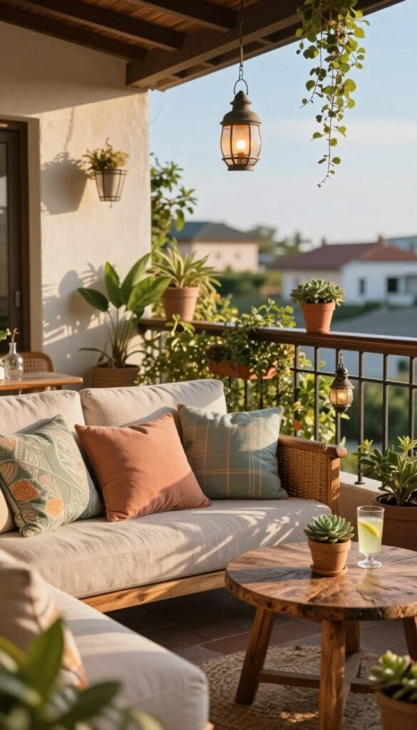 A beautifully decorated balcony in a cozy outdoor space, emphasizing texture layering for a warm and inviting summer atmosphere. In the foreground, a comfy, textured outdoor sofa with an array of colorful throw pillows invites relaxation, alongside a small, rustic wooden table adorned with a potted succulent and a glass of lemonade. The middle ground features an array of hanging lanterns and potted plants, creating depth and a lush vibe. In the background, a soft-focus view of buildings under a clear blue sky enhances the serene setting. The lighting is warm and golden, reminiscent of late afternoon sun, casting gentle shadows and creating a cozy ambiance. Capture this inviting scene in a realistic, Pinterest-style lifestyle photo that reflects the seasonal theme, branded for CozyTrendHub.
