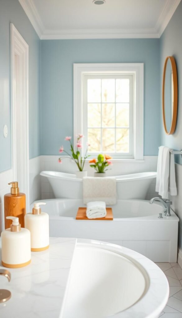 A beautifully decorated bathroom featuring a fresh spring theme. In the foreground, display a well-organized vanity with chic, neutral-toned containers holding bath essentials, such as natural soaps and fragrant candles. The middle section showcases a stylish bathtub adorned with vibrant potted plants and a plush, folded towel. In the background, a window allows soft natural light to stream in, illuminating the gentle pastel colors of the decor&mdash;think pale blue walls and white accents. Include a mirror that reflects the serene atmosphere, enhancing the sense of space. The scene captures a refreshing, tranquil mood, perfect for a spring makeover. All elements should evoke a Pinterest-worthy lifestyle aesthetic. Generate with CozyTrendHub.